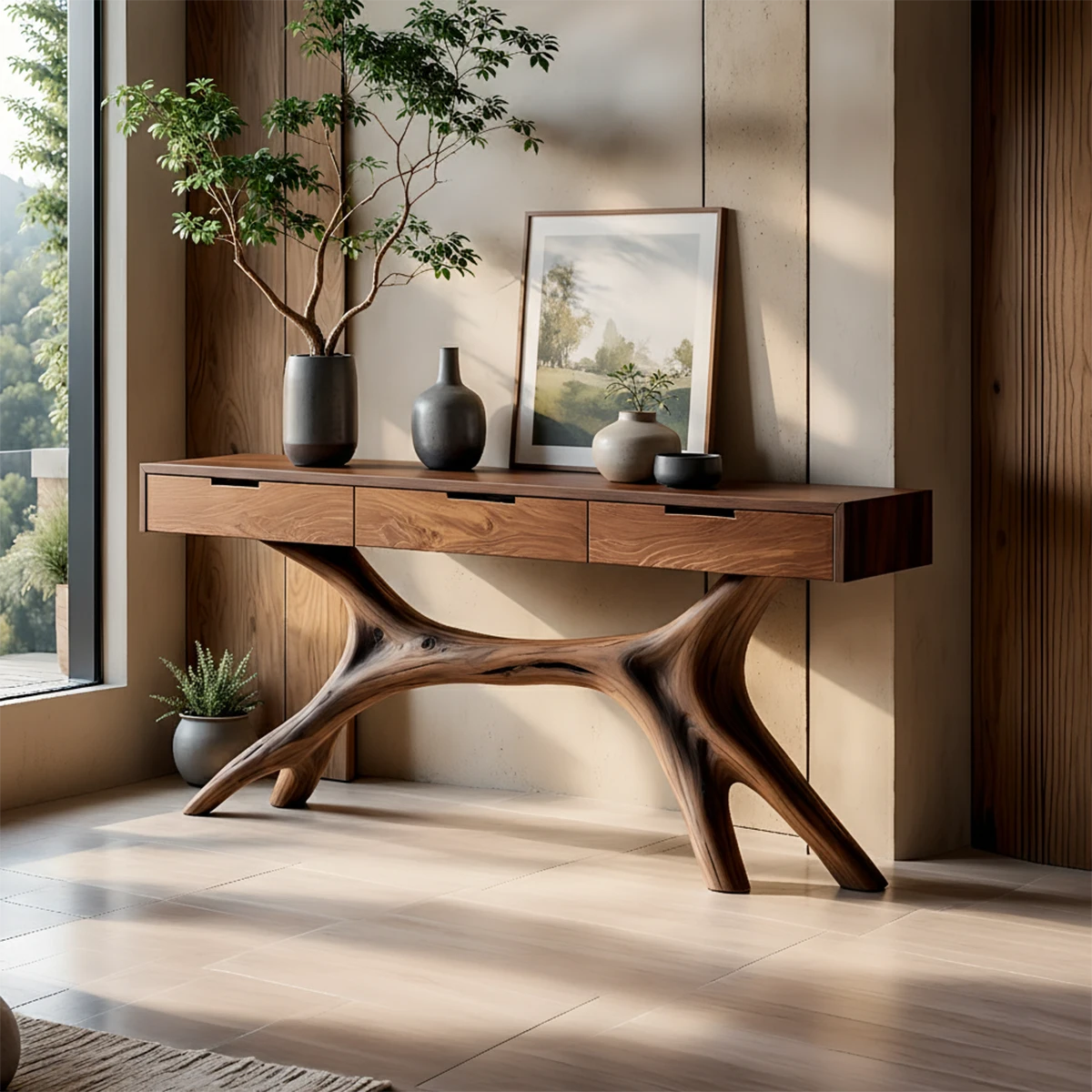 Solid Wood Console Table with Sculptural Branch-Form Base & Drawers - Rustira