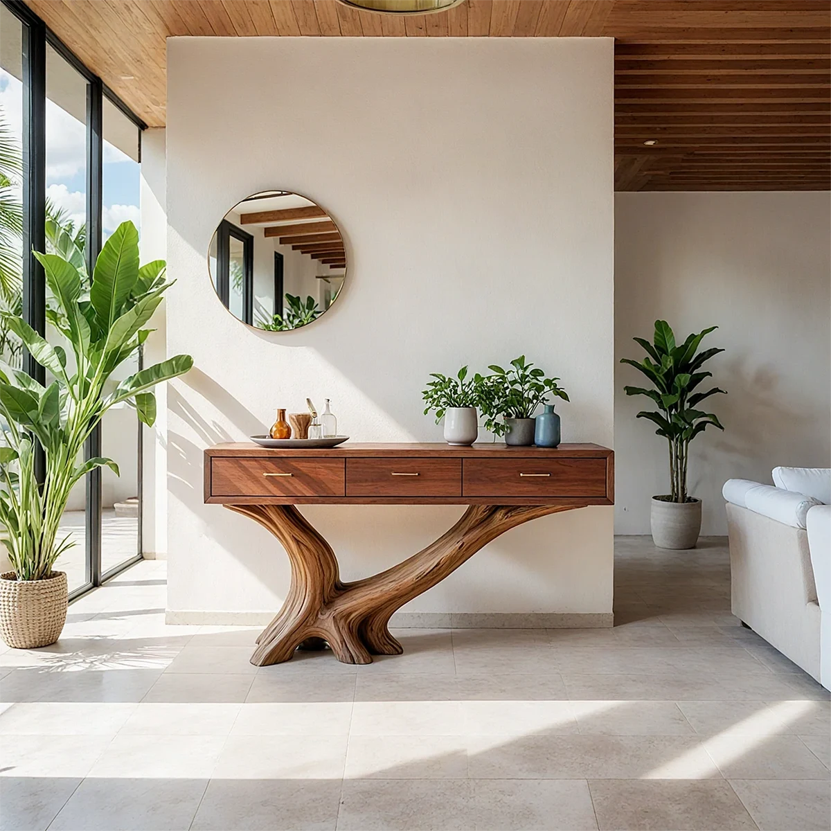 Solid Wood Console Table with Sculptural Natural Base & Drawers - Rustira