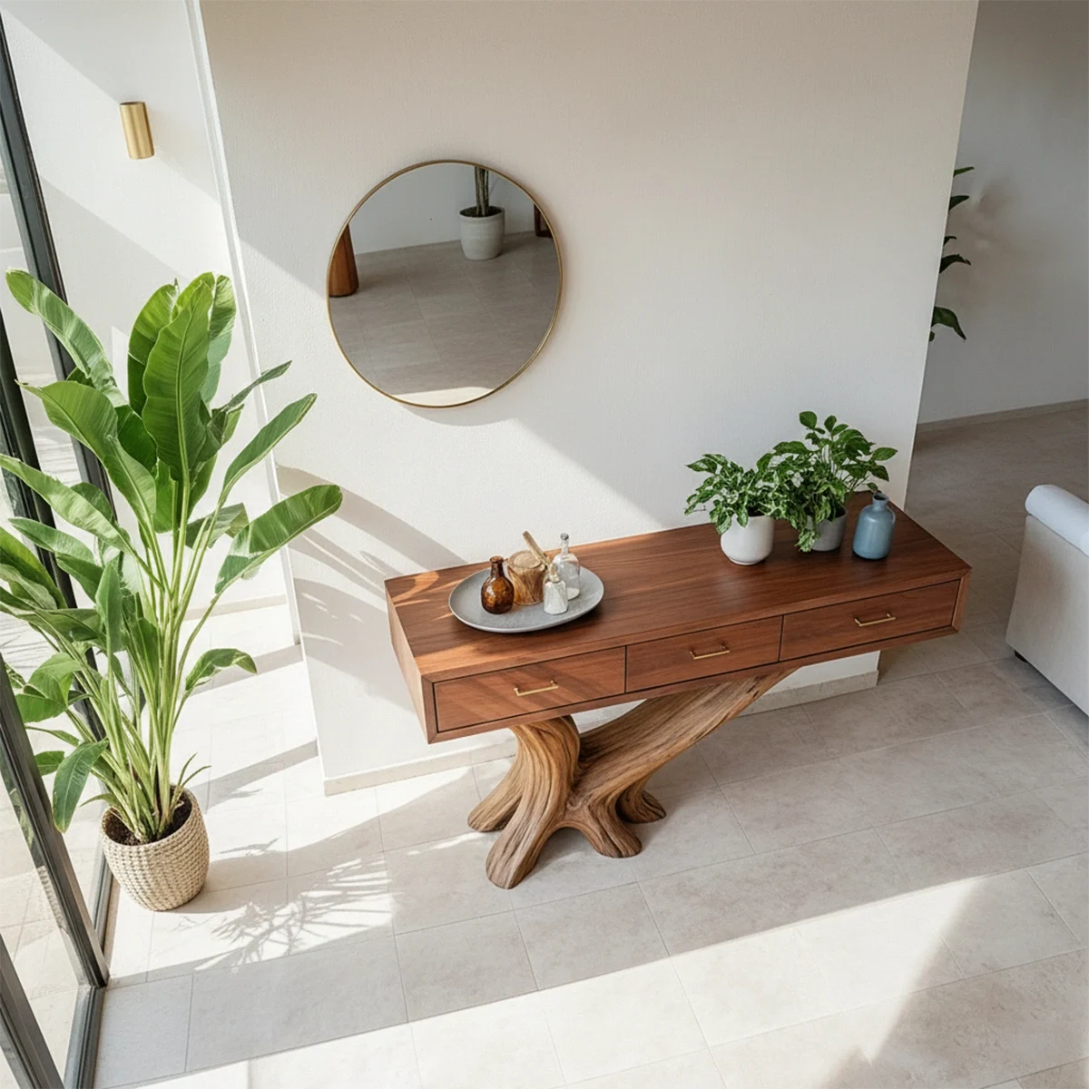 Solid Wood Console Table with Sculptural Natural Base & Drawers - Rustira