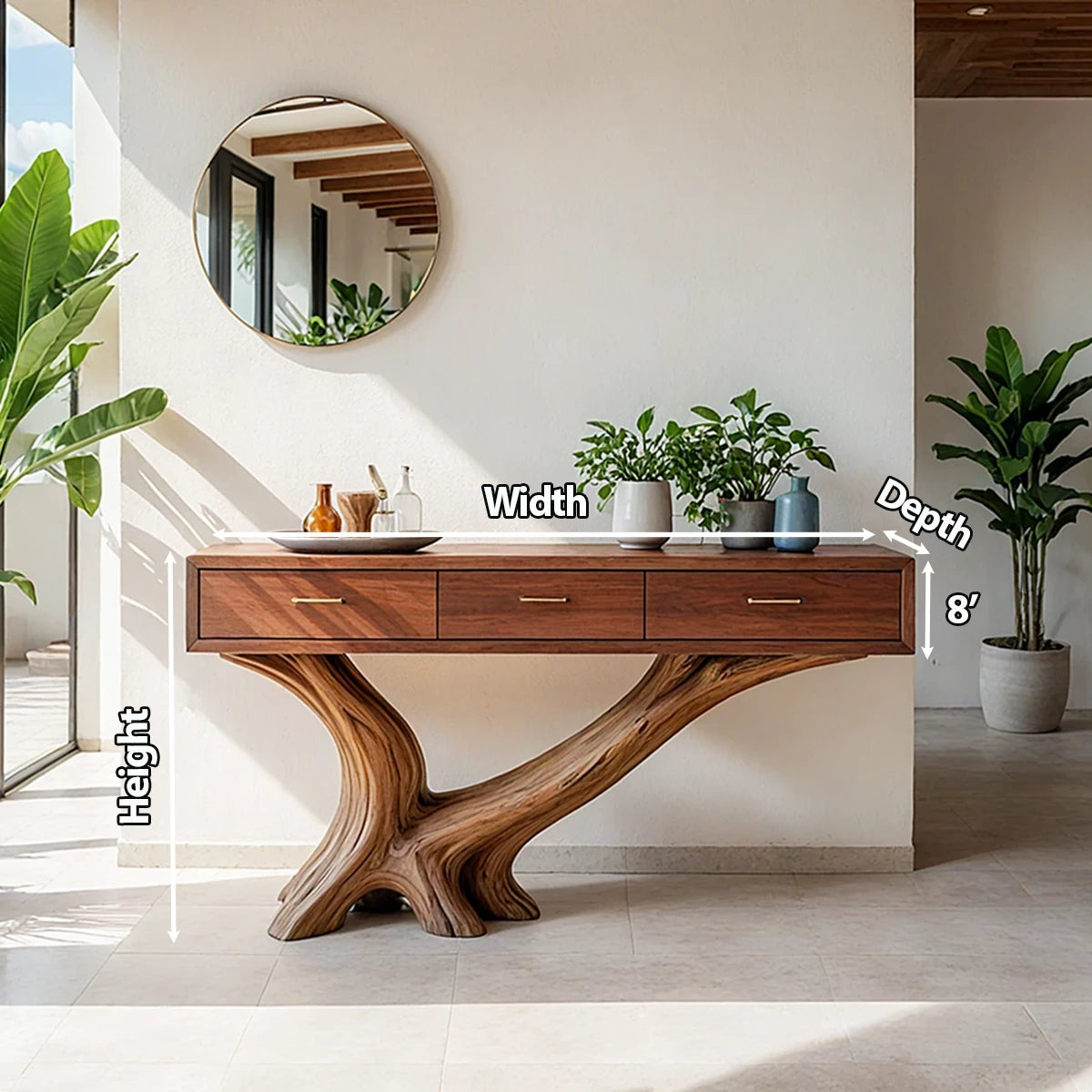 Solid Wood Console Table with Sculptural Natural Base & Drawers - Rustira