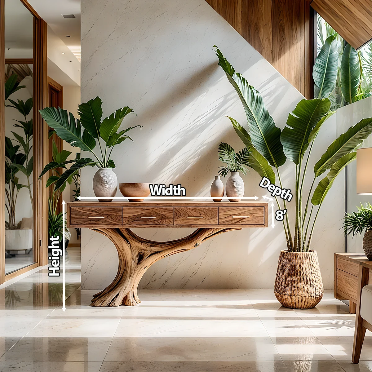 Solid Wood Console Table with Sculptural Tree-Inspired Base & Drawers - Rustira