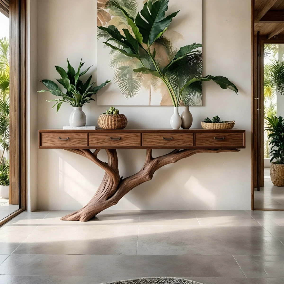 Solid Wood Console Table with Tree-Inspired Sculptural Base & Drawers - Rustira