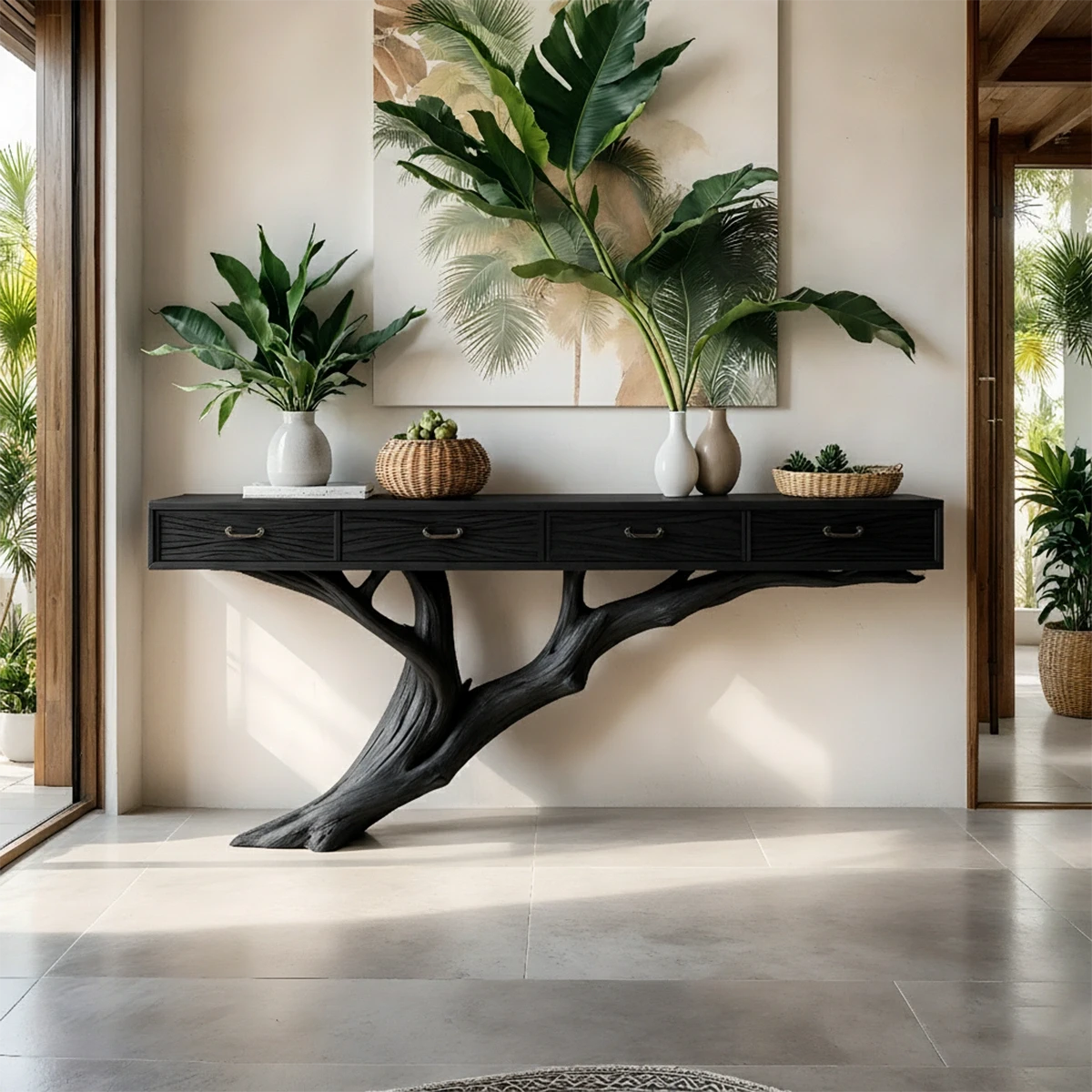 Solid Wood Console Table with Tree-Inspired Sculptural Base & Drawers - Rustira