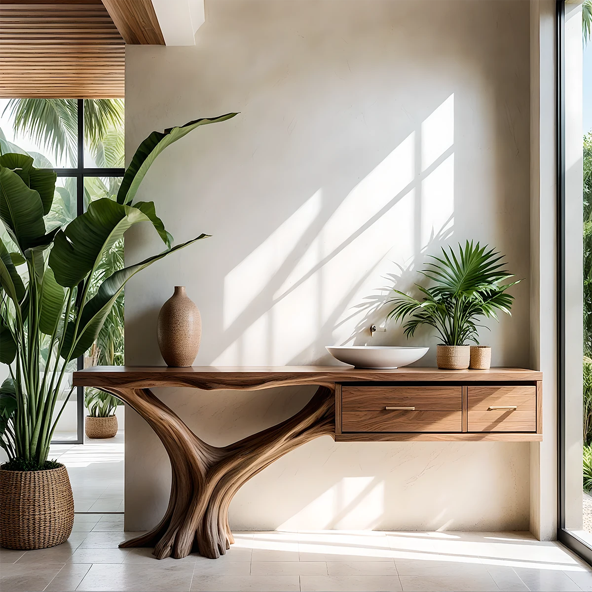 Solid Wood Console Table with Tree-Root Sculptural Base & Dual Drawers - Rustira