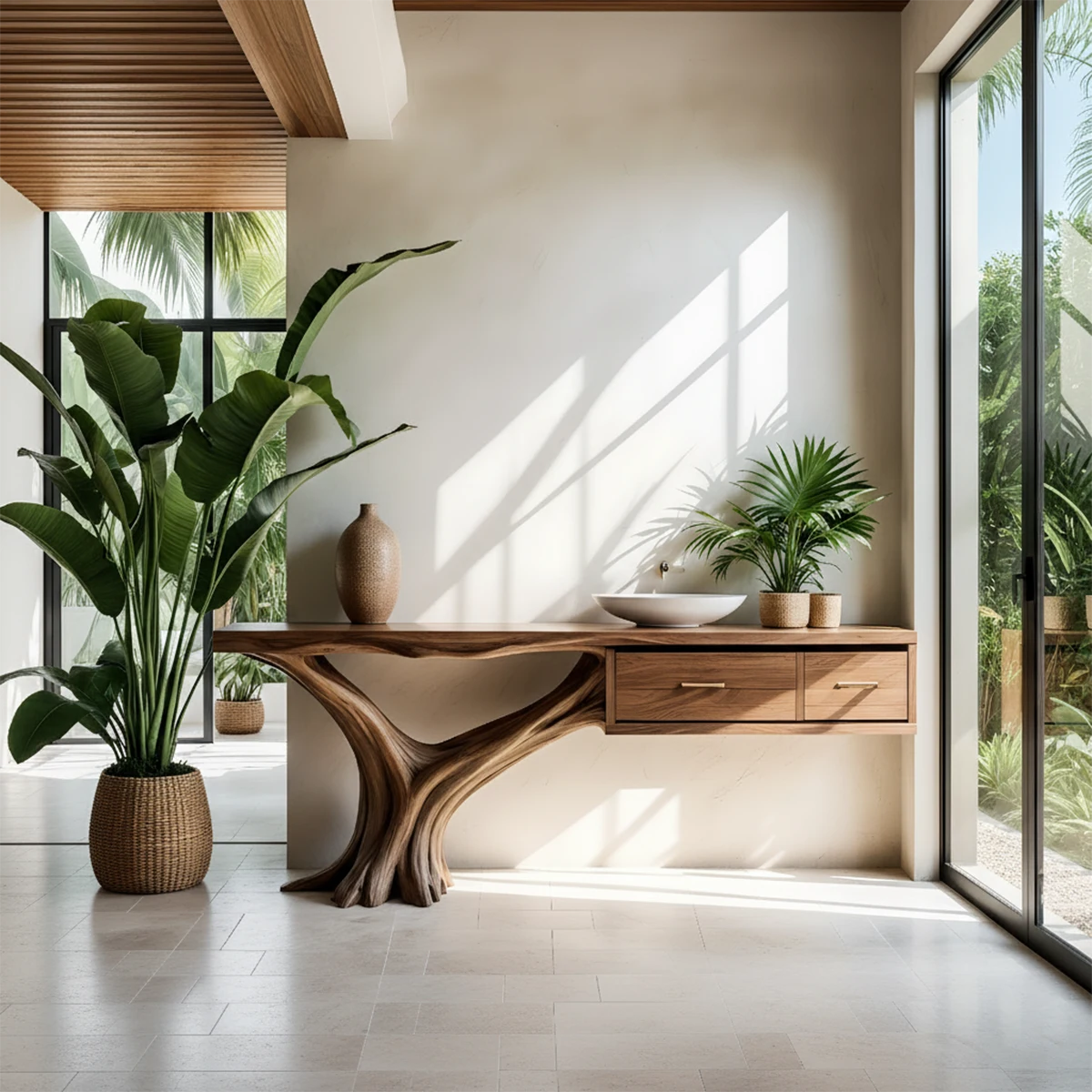 Solid Wood Console Table with Tree-Root Sculptural Base & Dual Drawers - Rustira