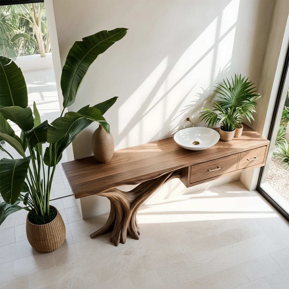 Solid Wood Console Table with Tree-Root Sculptural Base & Dual Drawers - Rustira