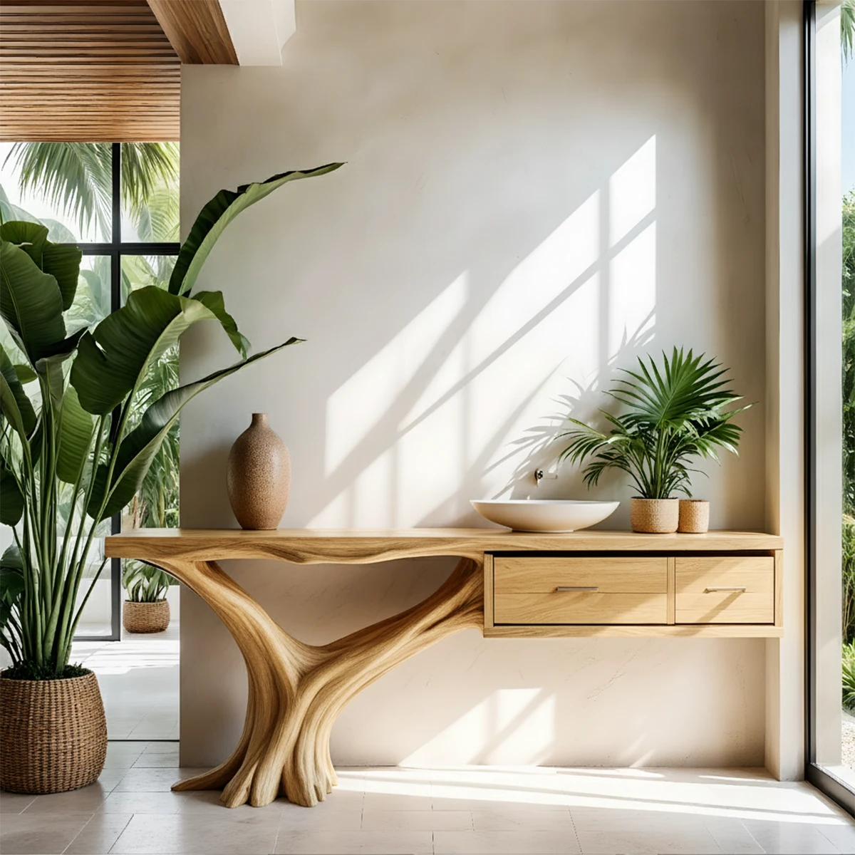 Solid Wood Console Table with Tree-Root Sculptural Base & Dual Drawers - Rustira