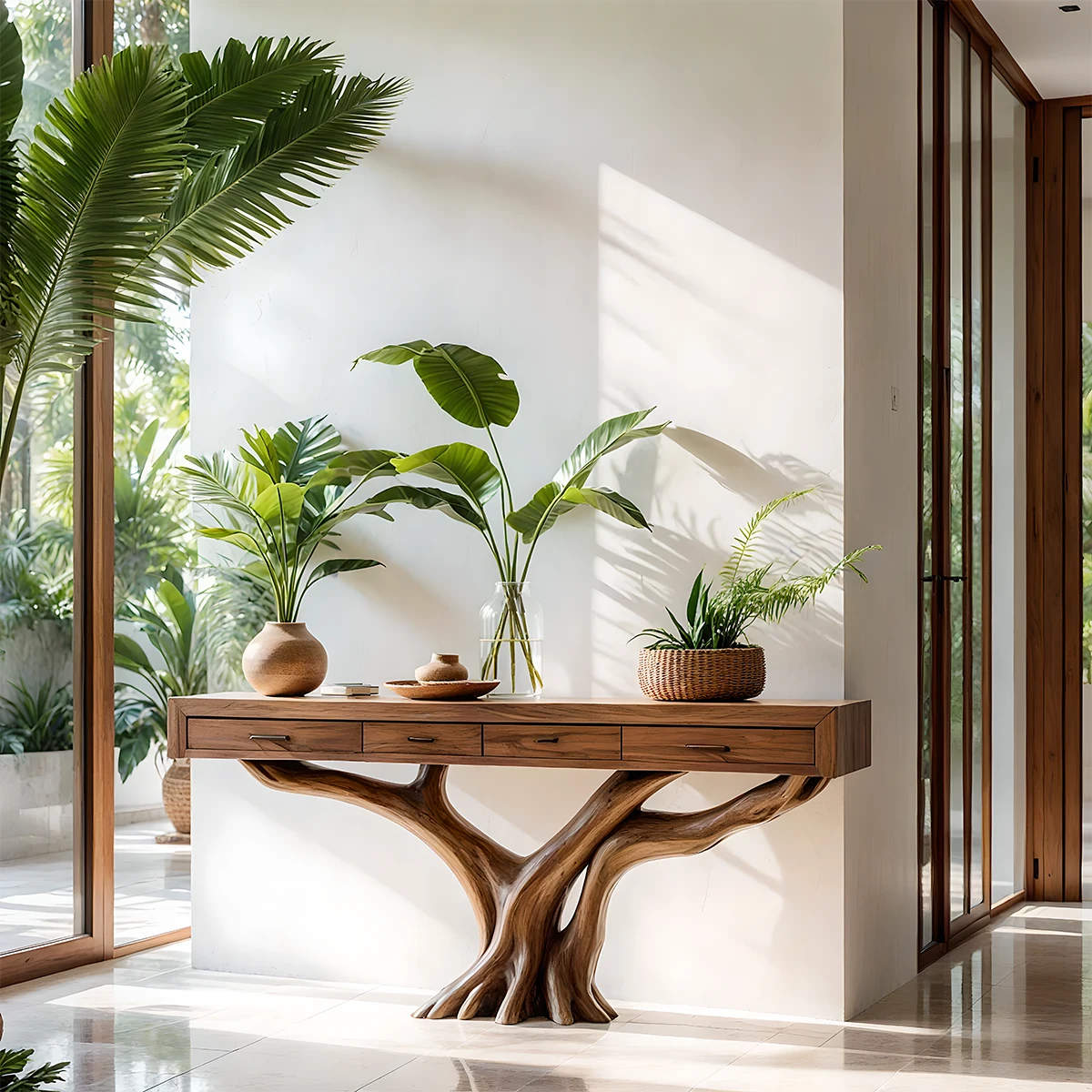 Solid Wood Console Table with Tree-Root Sculptural Base & Storage Drawers - Rustira