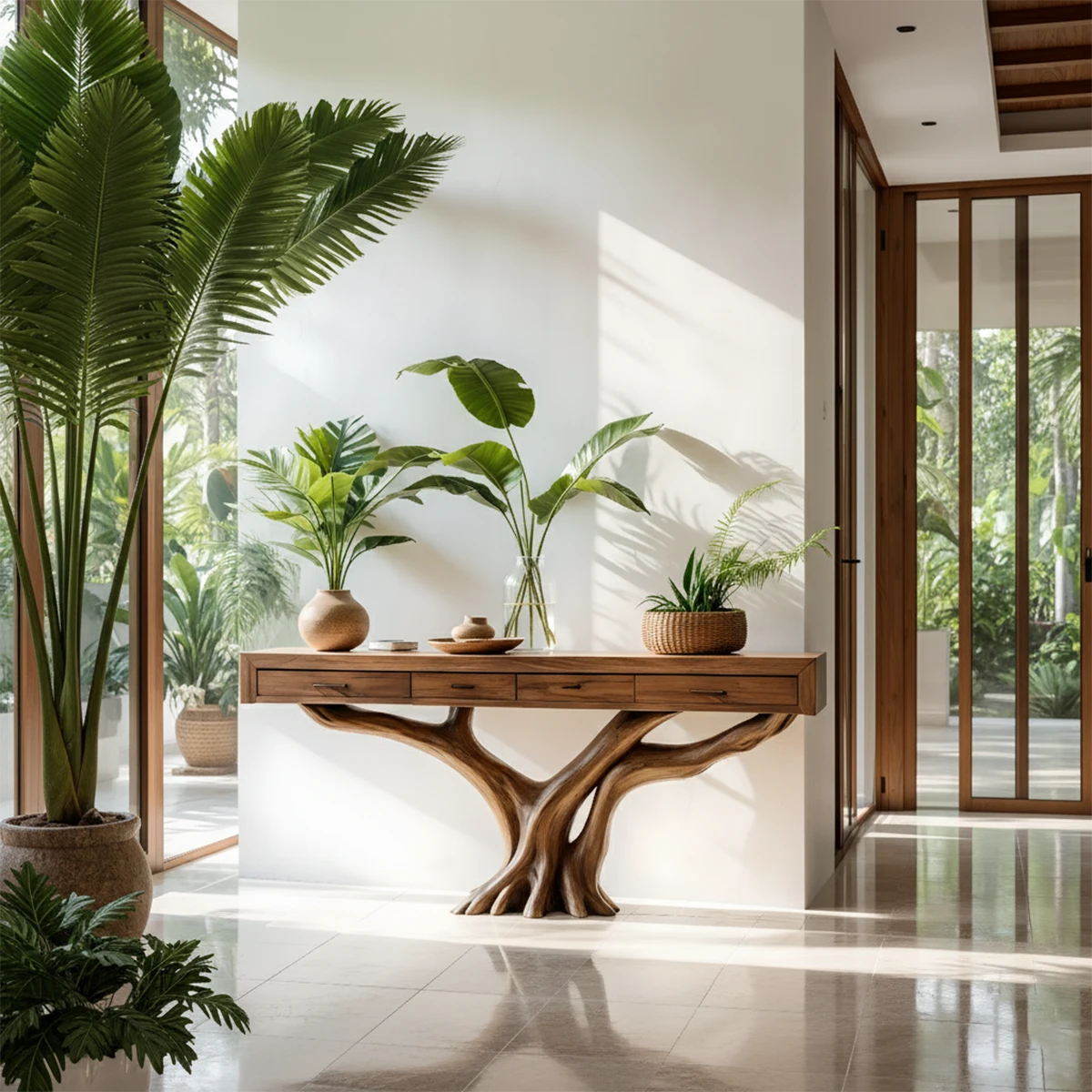 Solid Wood Console Table with Tree-Root Sculptural Base & Storage Drawers - Rustira