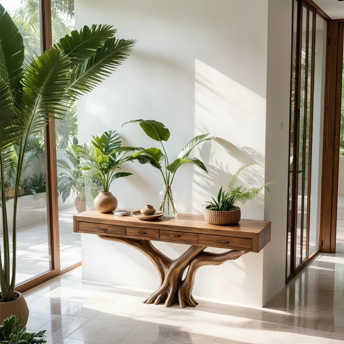 Solid Wood Console Table with Tree-Root Sculptural Base & Storage Drawers - Rustira