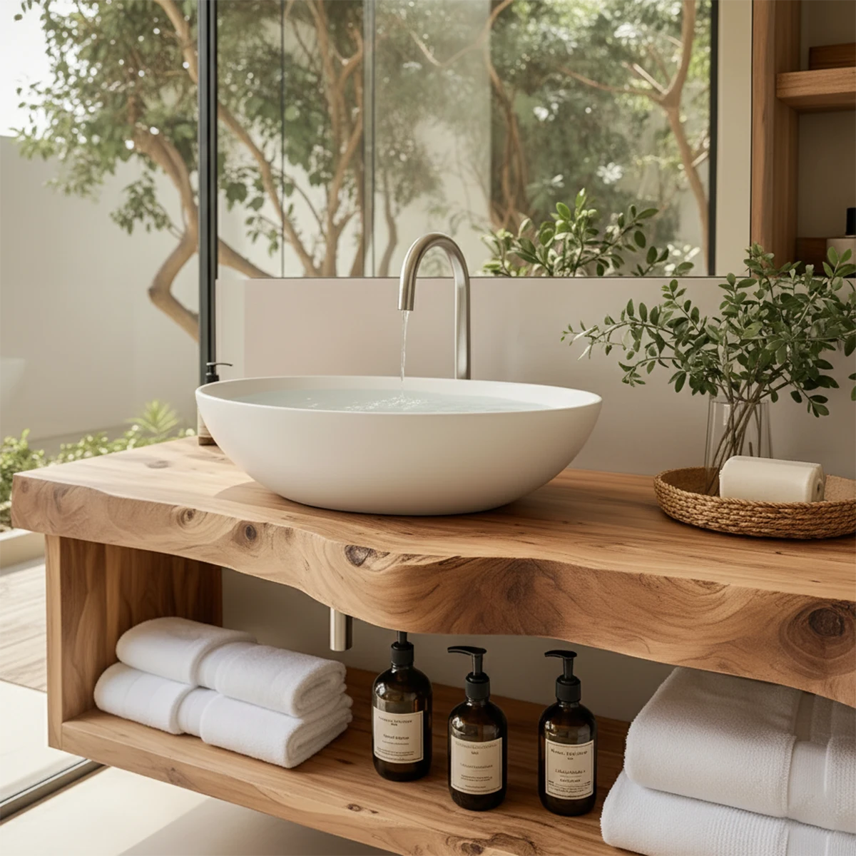 Solid Wood Floating Vanity with Shelf – Japandi Natural Spa Bathroom Console - Rustira