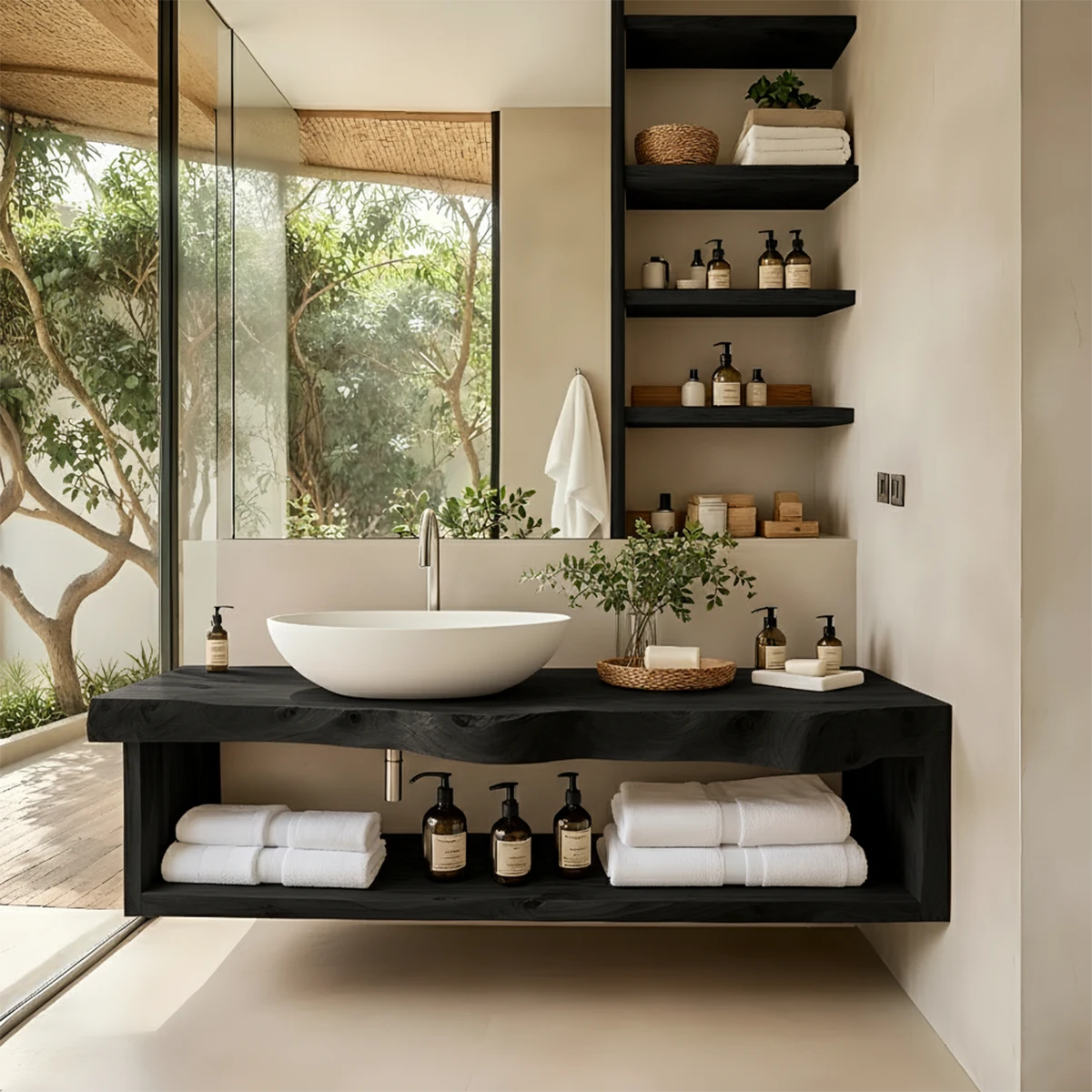 Solid Wood Floating Vanity with Shelf – Japandi Natural Spa Bathroom Console - Rustira