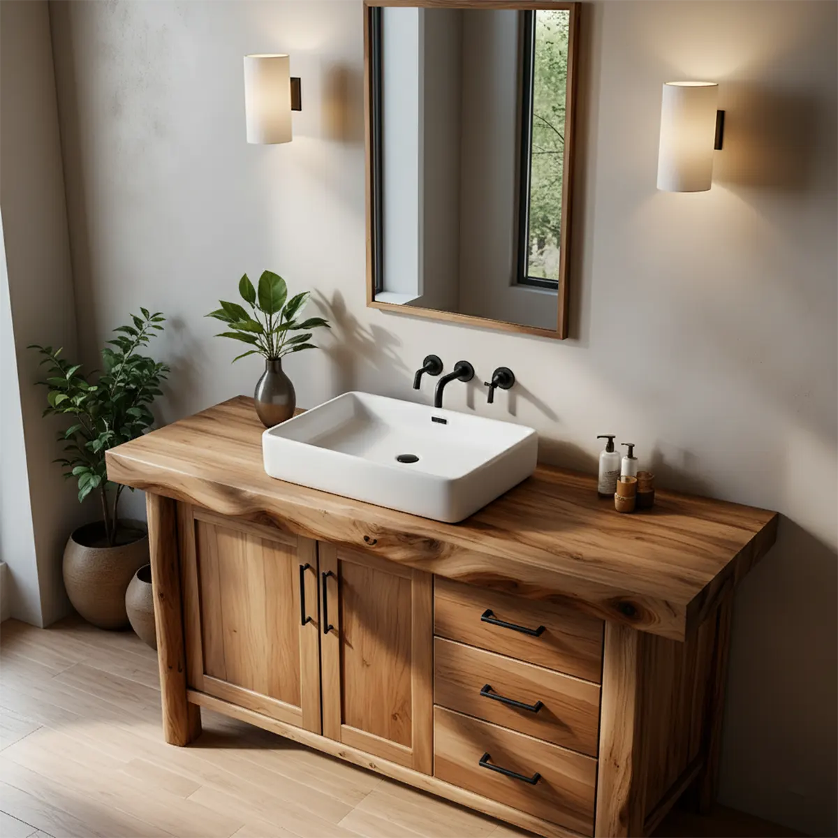 Solid Wood Live Edge Bathroom Vanity with Cabinet & Drawers - Rustira