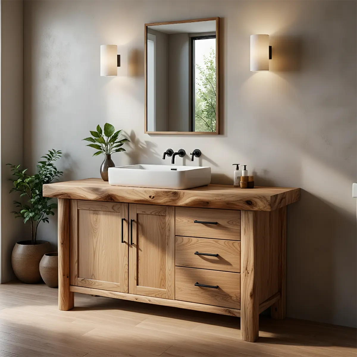 Solid Wood Live Edge Bathroom Vanity with Cabinet & Drawers - Rustira