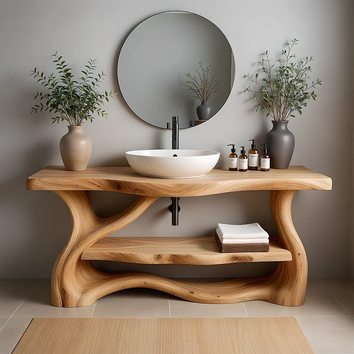 Solid Wood Organic-Flow Bathroom Vanity with Sculpted Base - Rustira