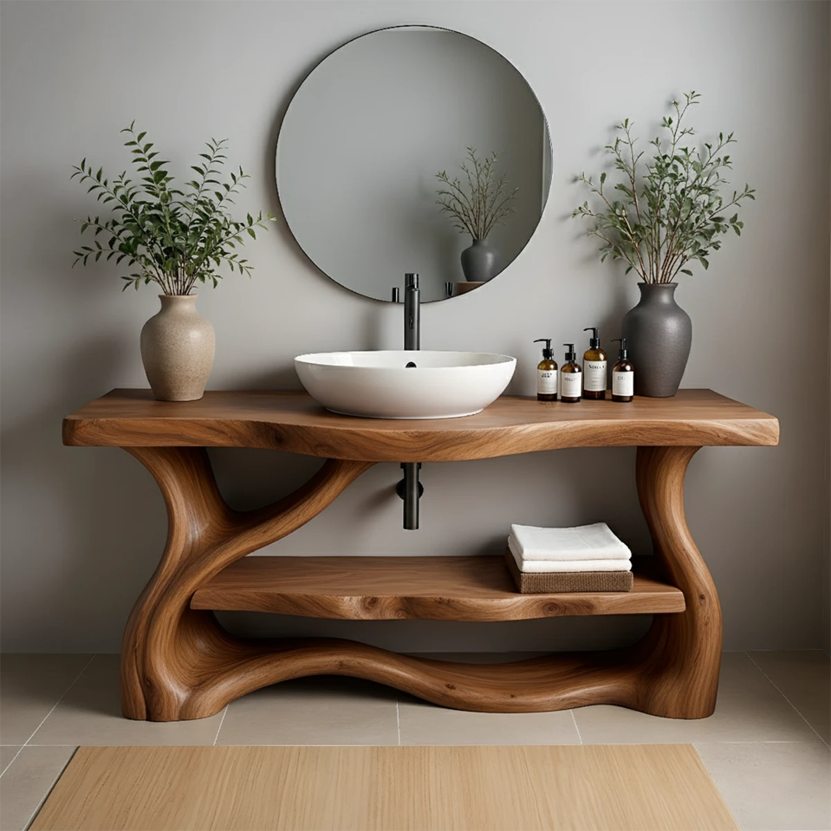 Solid Wood Organic-Flow Bathroom Vanity with Sculpted Base - Rustira