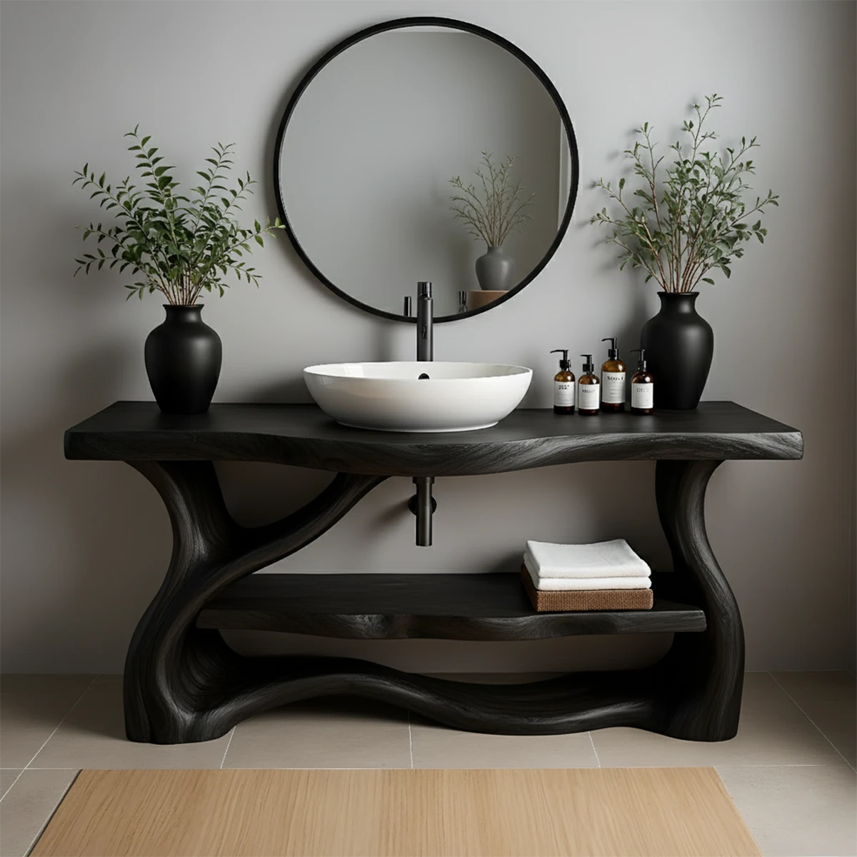 Solid Wood Organic-Flow Bathroom Vanity with Sculpted Base - Rustira