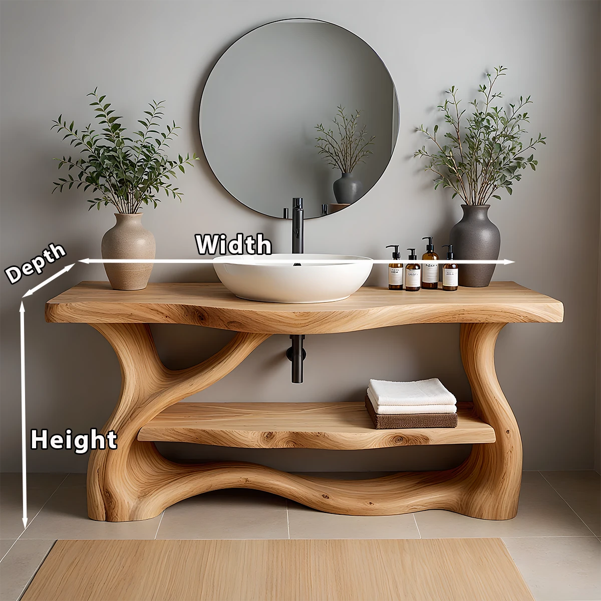 Solid Wood Organic-Flow Bathroom Vanity with Sculpted Base - Rustira