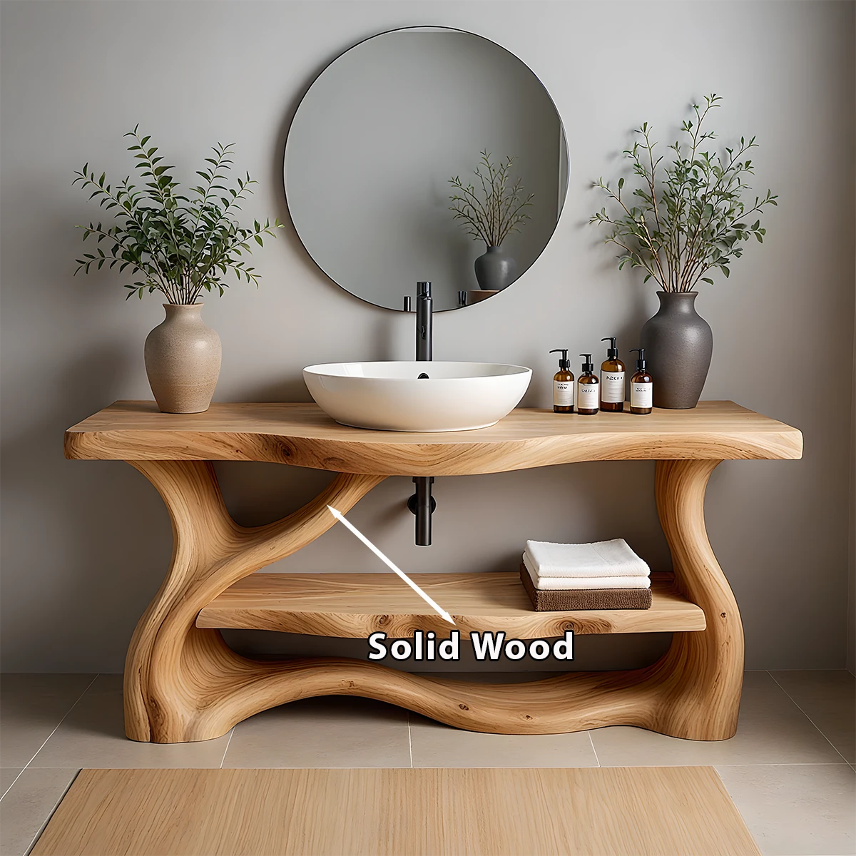 Solid Wood Organic-Flow Bathroom Vanity with Sculpted Base - Rustira