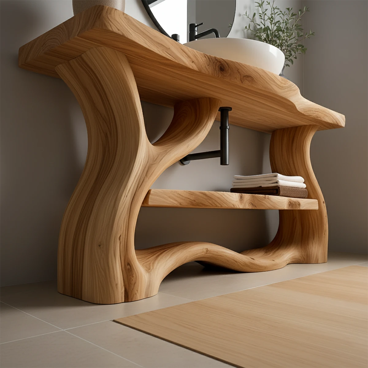 Solid Wood Organic-Flow Bathroom Vanity with Sculpted Base - Rustira
