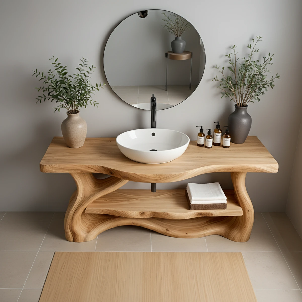 Solid Wood Organic-Flow Bathroom Vanity with Sculpted Base - Rustira