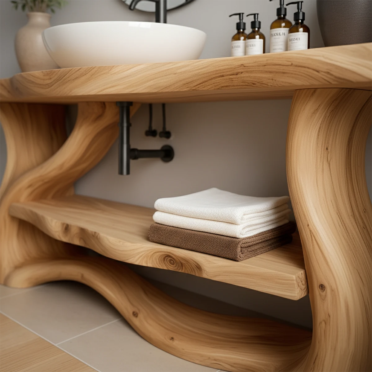 Solid Wood Organic-Flow Bathroom Vanity with Sculpted Base - Rustira