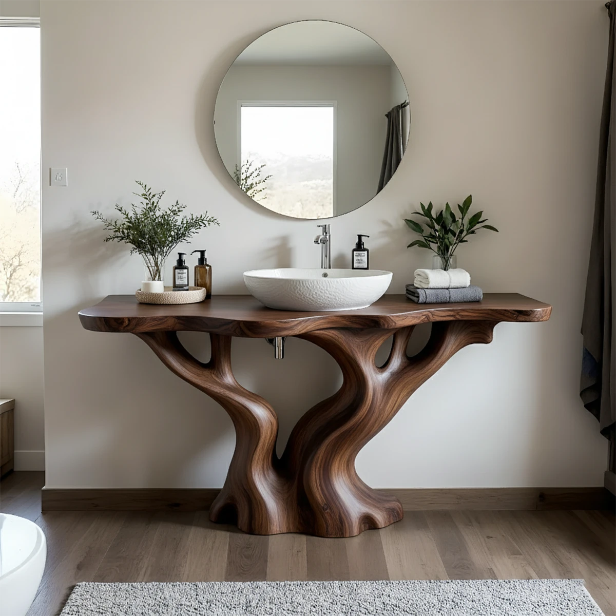 Solid Wood Sculpted-Base Bathroom Vanity – Organic Curved Design - Rustira