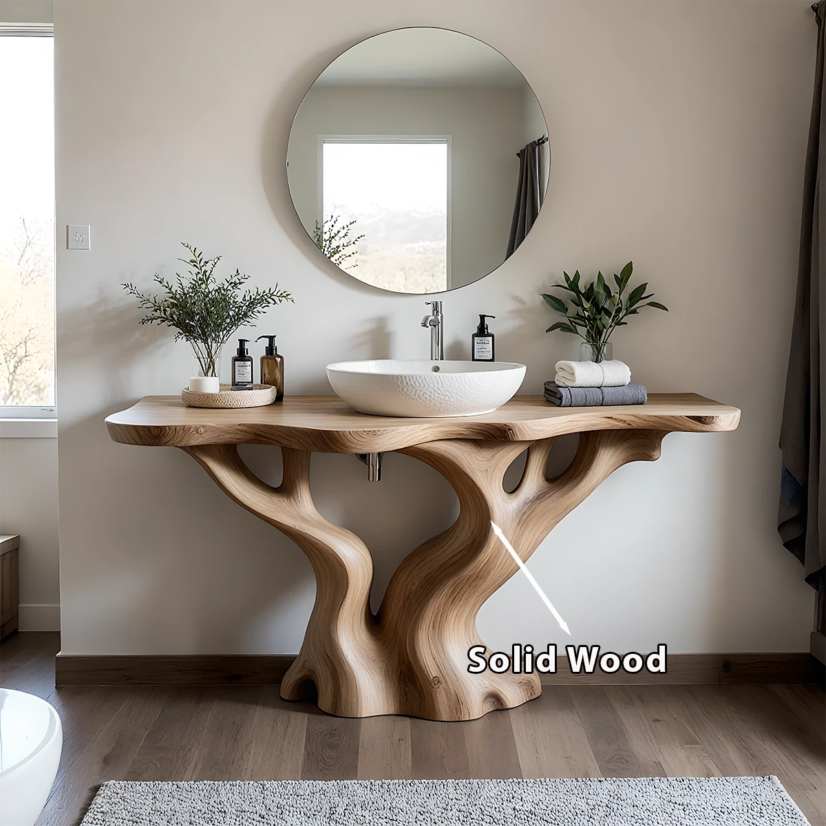 Solid Wood Sculpted-Base Bathroom Vanity – Organic Curved Design - Rustira