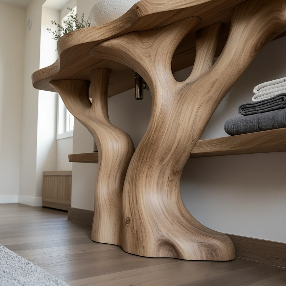 Solid Wood Sculpted-Base Bathroom Vanity – Organic Curved Design - Rustira