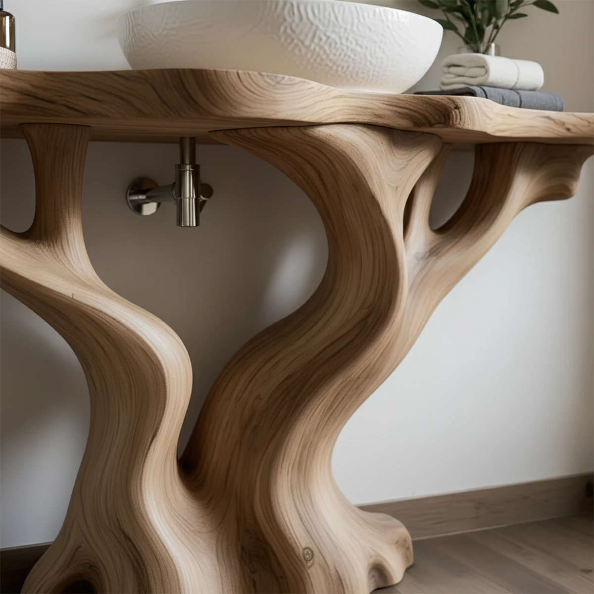 Solid Wood Sculpted-Base Bathroom Vanity – Organic Curved Design - Rustira