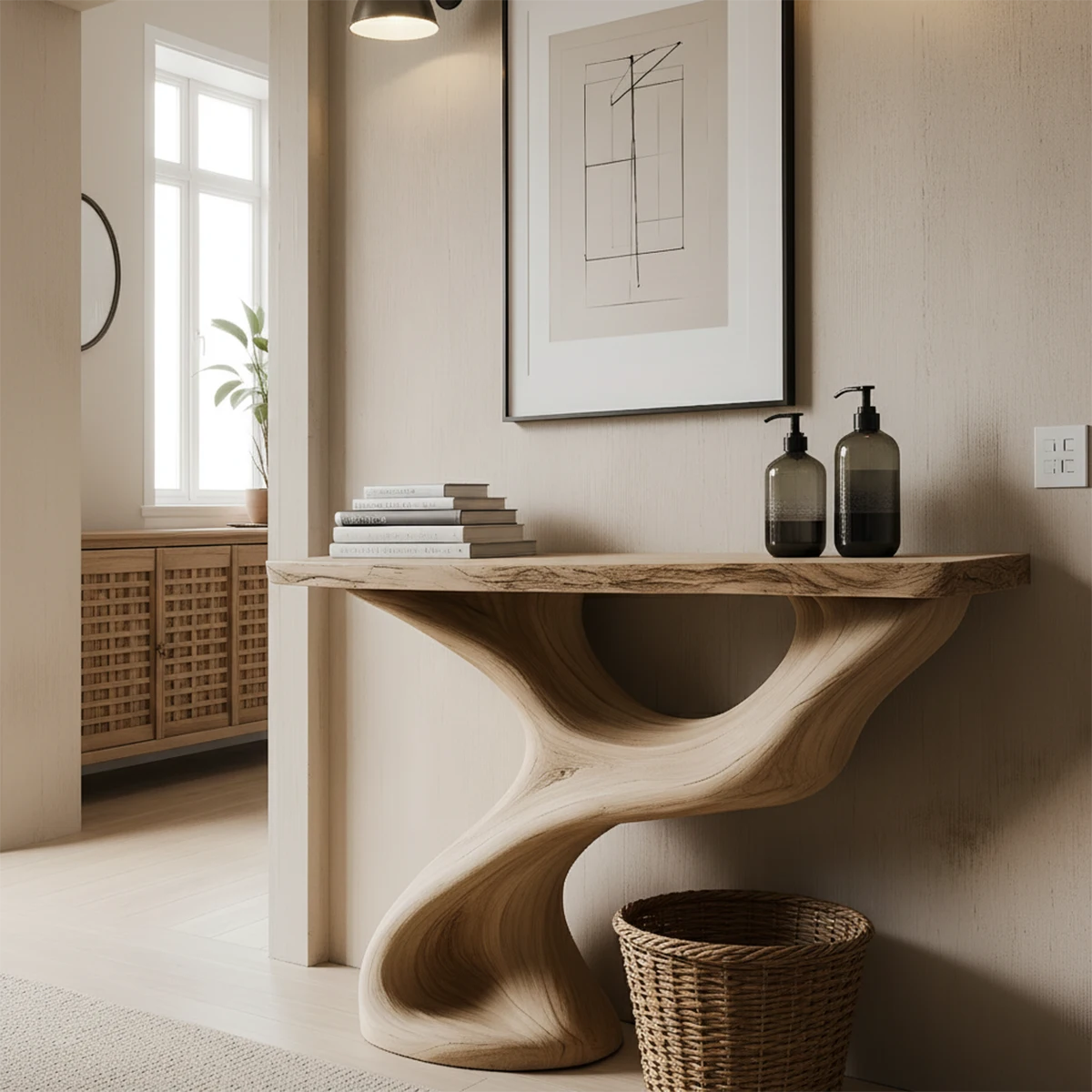 Solid Wood Sculptural Console Table – Organic Flow Form - Rustira