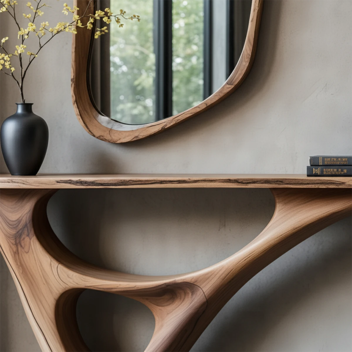 Solid Wood Sculptural Console Table with Fluid Carved Base - Rustira