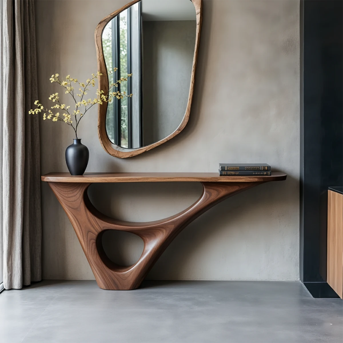 Solid Wood Sculptural Console Table with Fluid Carved Base - Rustira