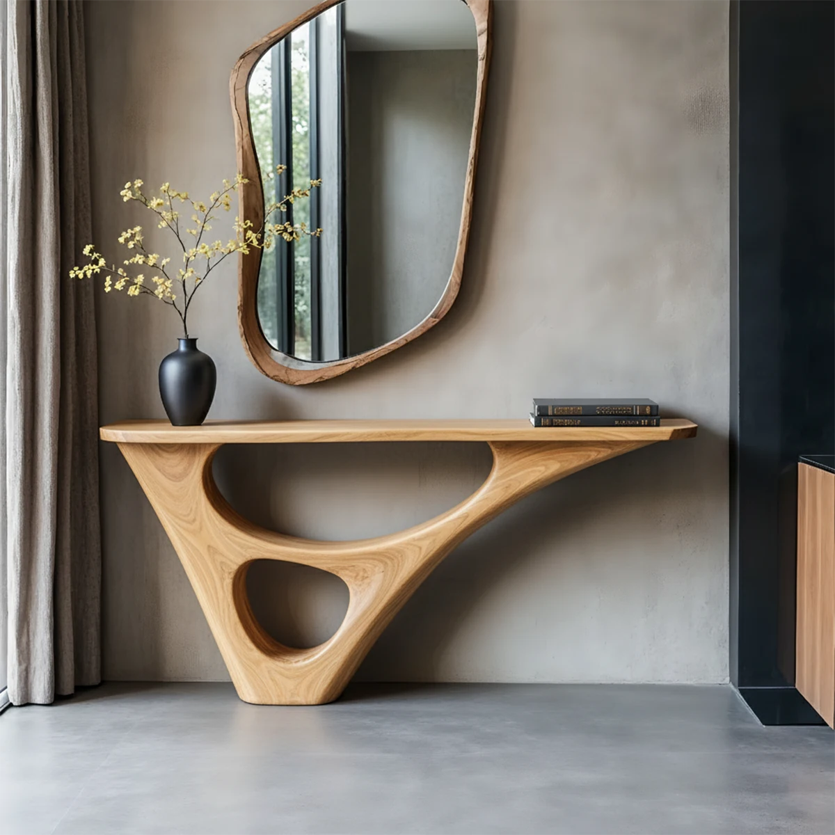 Solid Wood Sculptural Console Table with Fluid Carved Base - Rustira