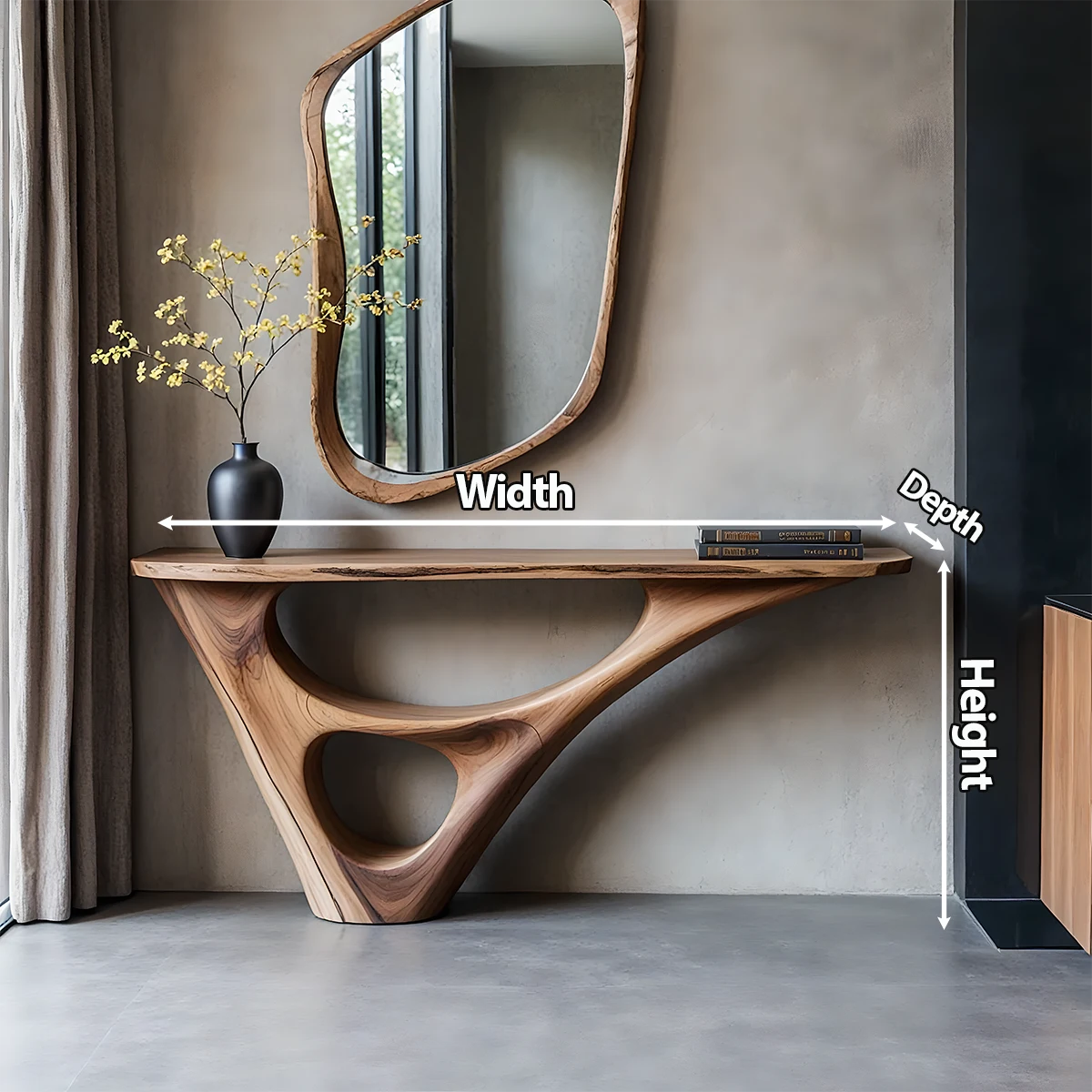 Solid Wood Sculptural Console Table with Fluid Carved Base - Rustira