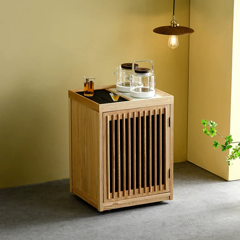 Solid Wood Tea Cabinet – Minimalist Vertical Slat Design - Rustira
