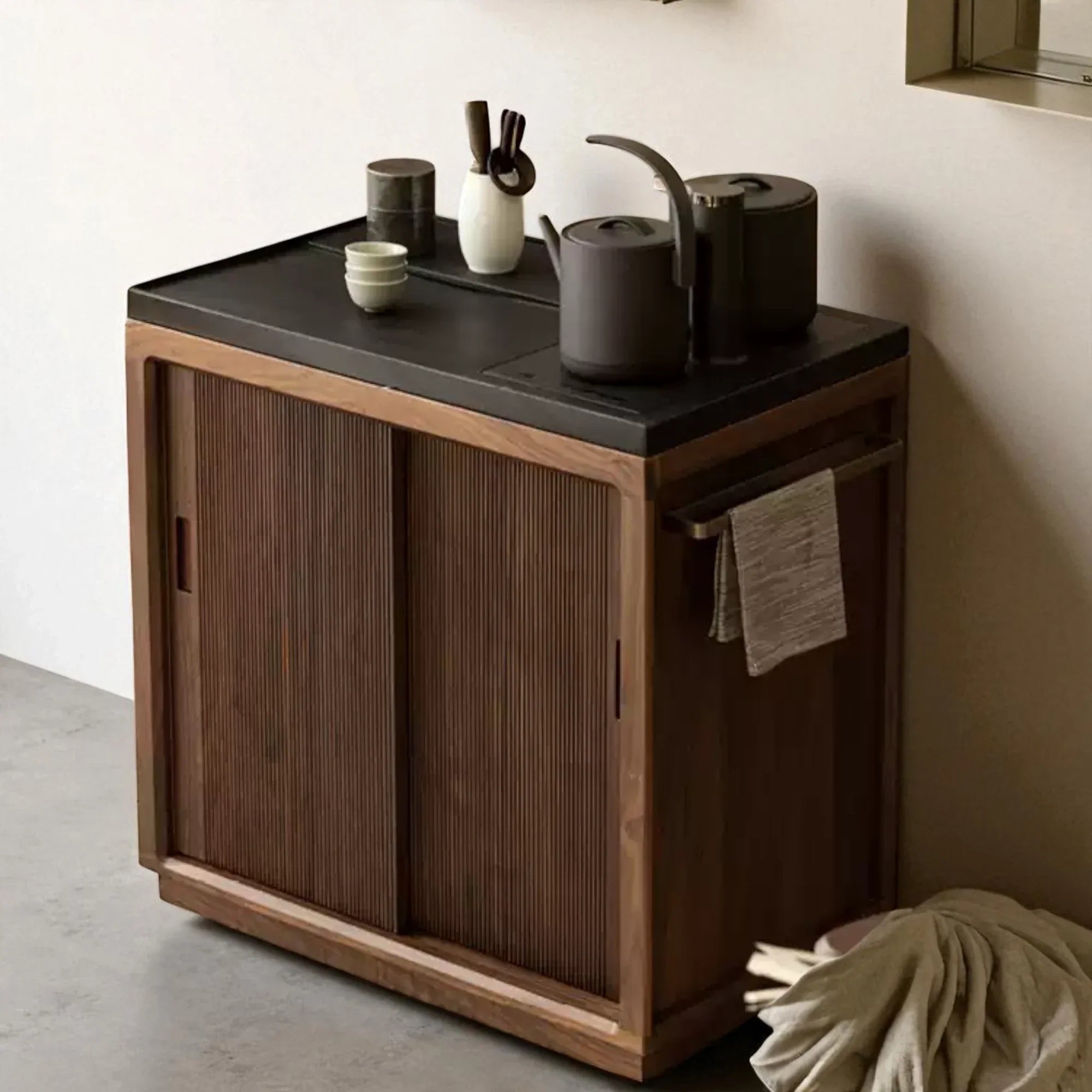 Solid Wood Tea Cabinet – Sliding Door Asian Style Design - Rustira