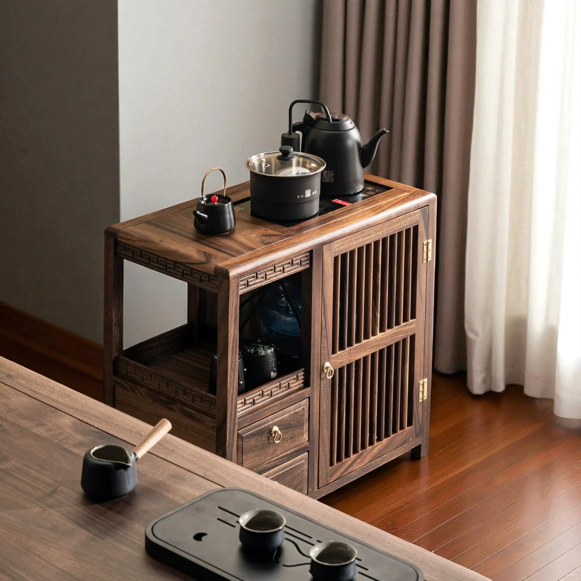 Solid Wood Tea Cabinet – Traditional Storage with Sliding Doors - Rustira