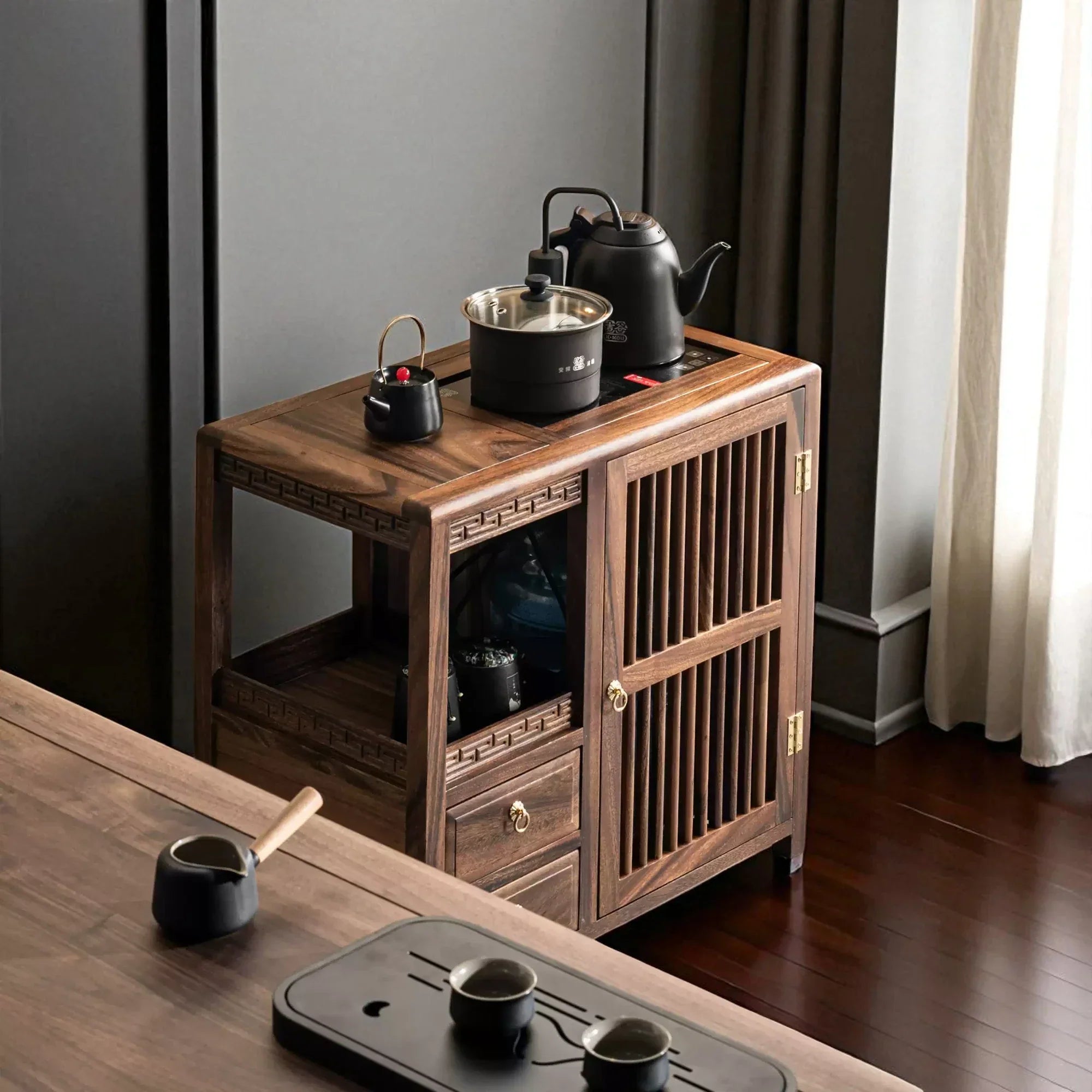 Solid Wood Tea Cabinet – Traditional Storage with Sliding Doors - Rustira