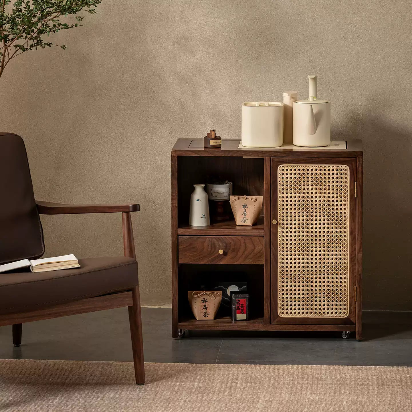 Solid Wood Tea Cabinet with Rattan Door – Storage & Brewing - Rustira