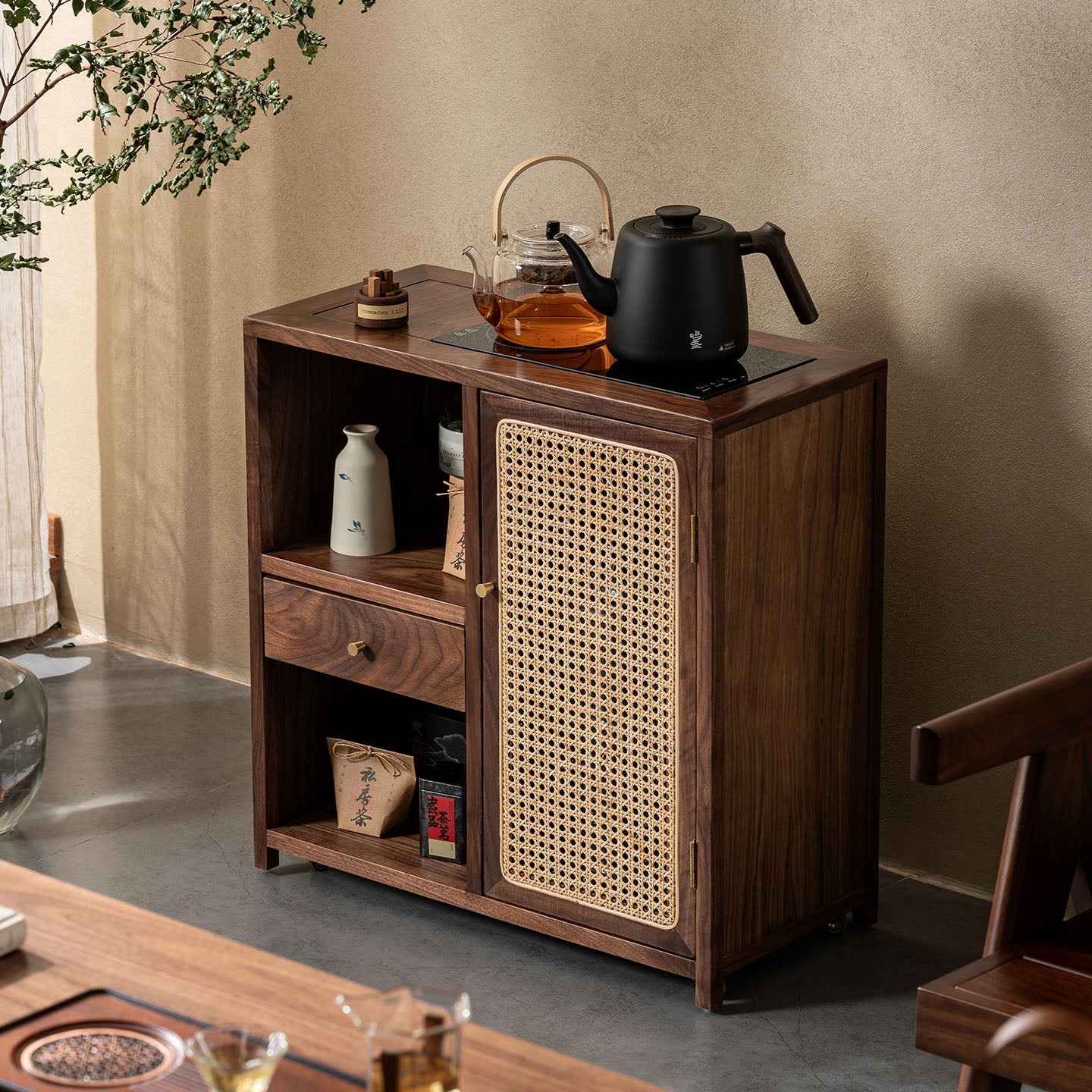 Solid Wood Tea Cabinet with Rattan Door – Storage & Brewing - Rustira