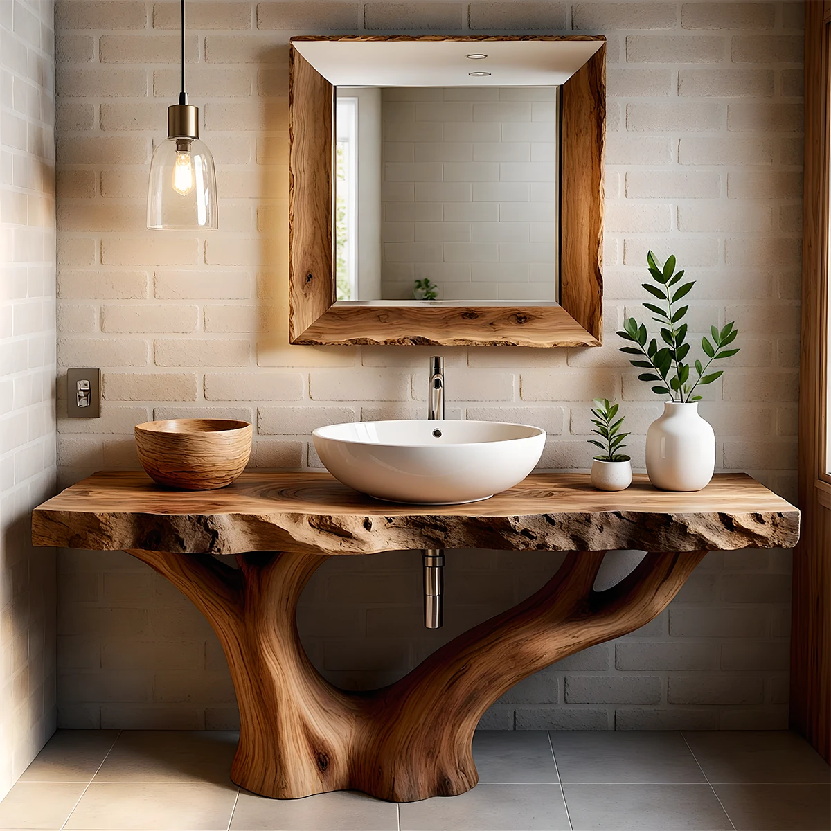 Solid Wood Tree Trunk Bathroom Vanity – Natural Live-Edge Design - Rustira