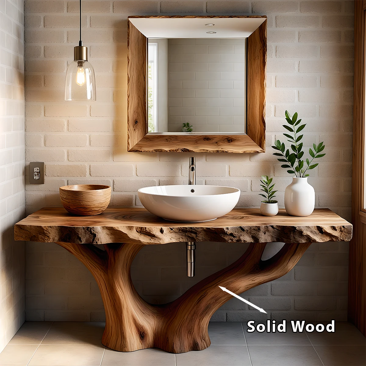 Solid Wood Tree Trunk Bathroom Vanity – Natural Live-Edge Design - Rustira