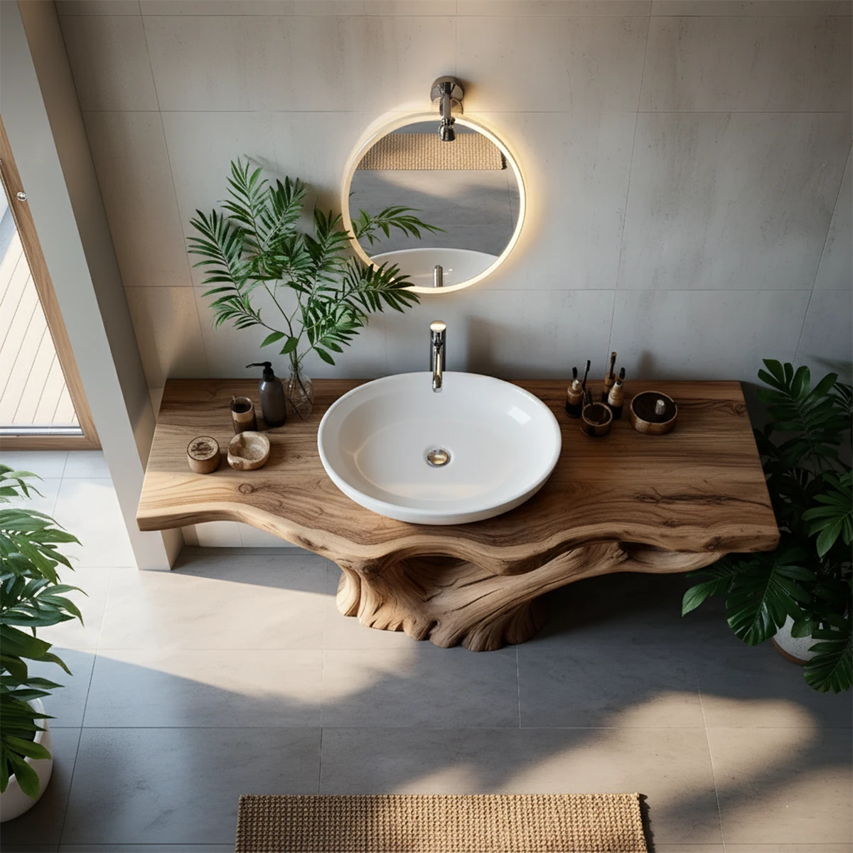 Solid Wood Tree Trunk Bathroom Vanity – Sculpted Live-Edge Base - Rustira