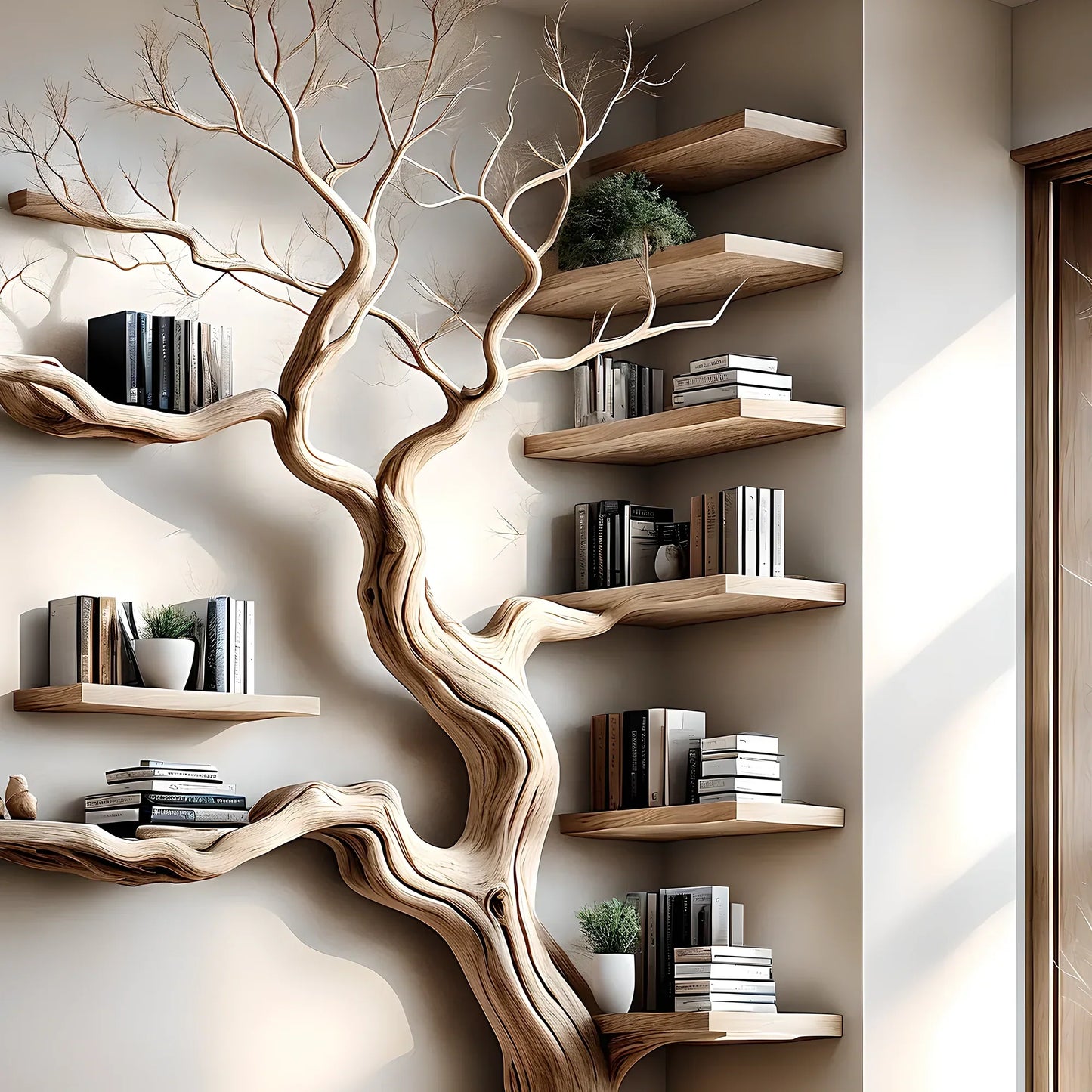Solid perennial wood bookshelf, floating shelf, tree-shaped bookshelf
