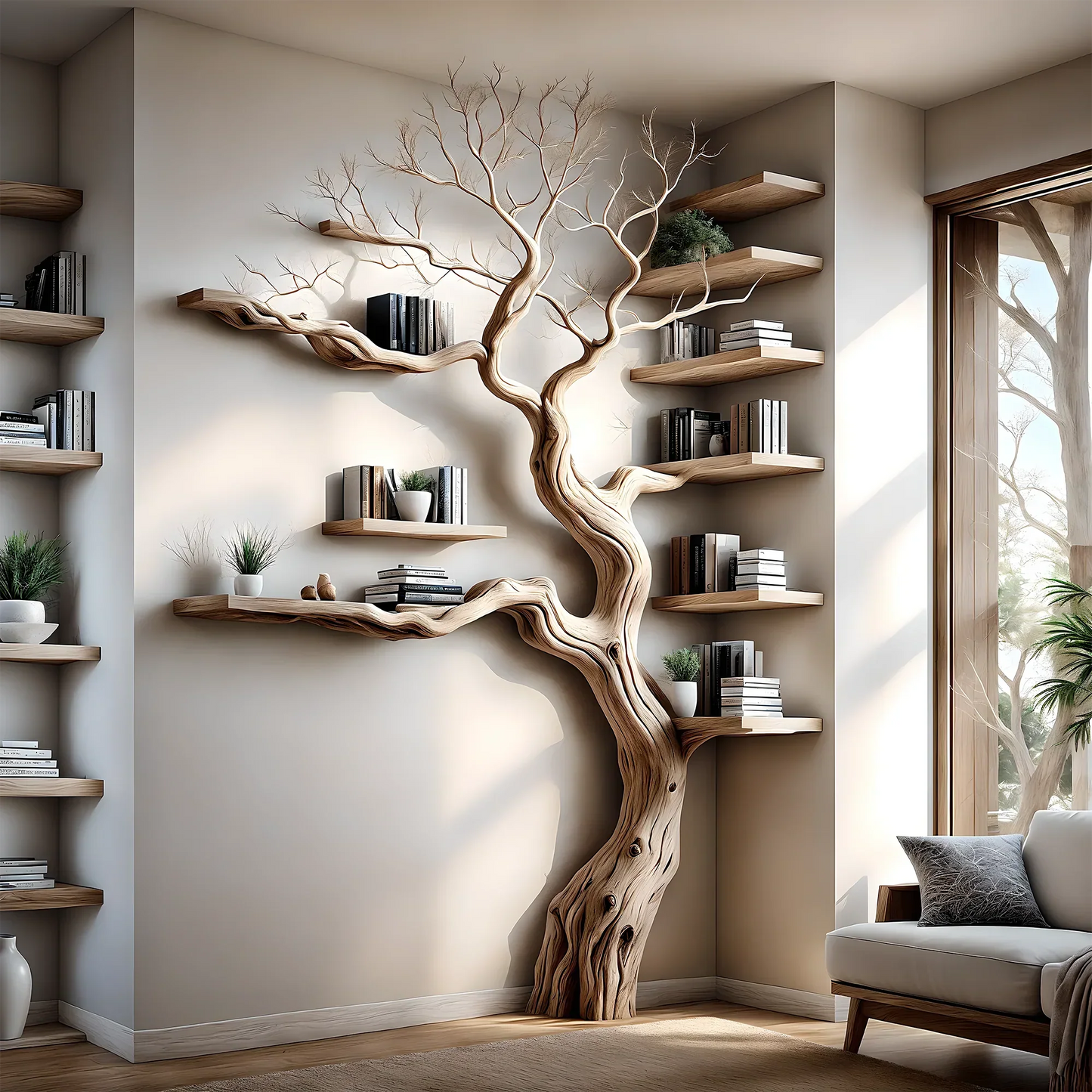 Solid perennial wood bookshelf, floating shelf, tree-shaped bookshelf
