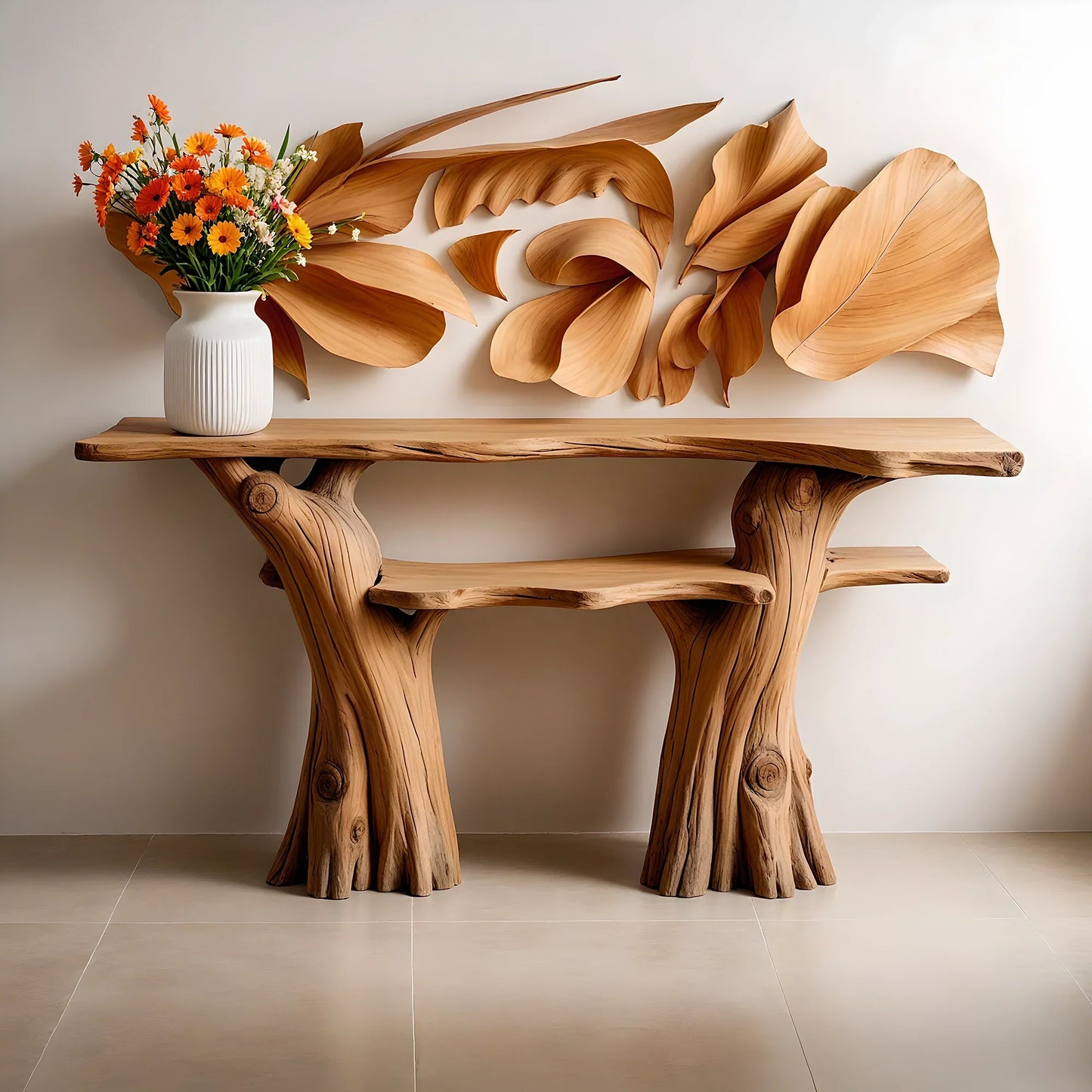 Solid wood console table, narrow table with bookshelf, decorative table.