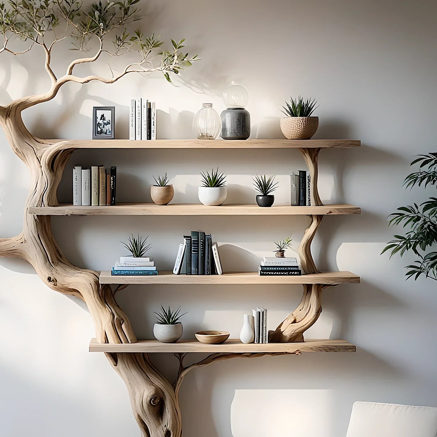 Solid wood tree branch bookshelf living next to unique floating corner wall shelf bookcase home decoration.