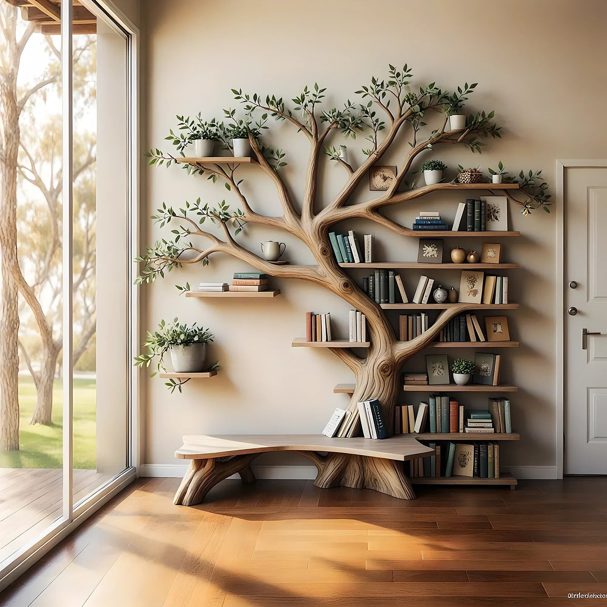 Solid wood tree shaped bookshelf, library bookshelf