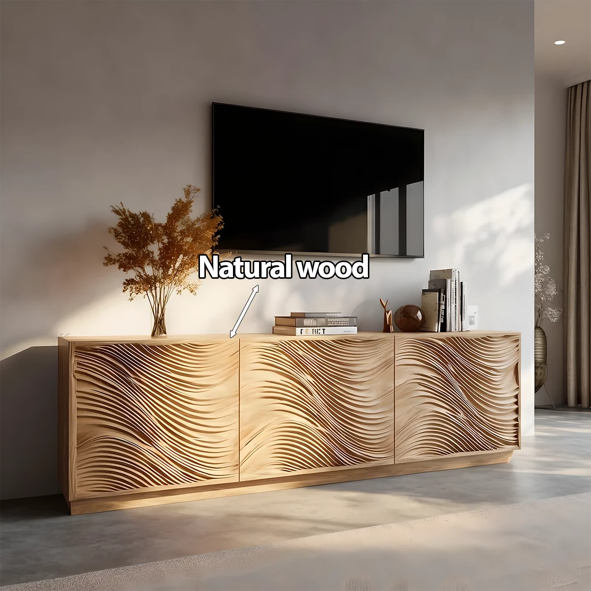 Sunlit Wave Carved Solid Wood TV Stand – Natural Breeze Edition - Rustira
